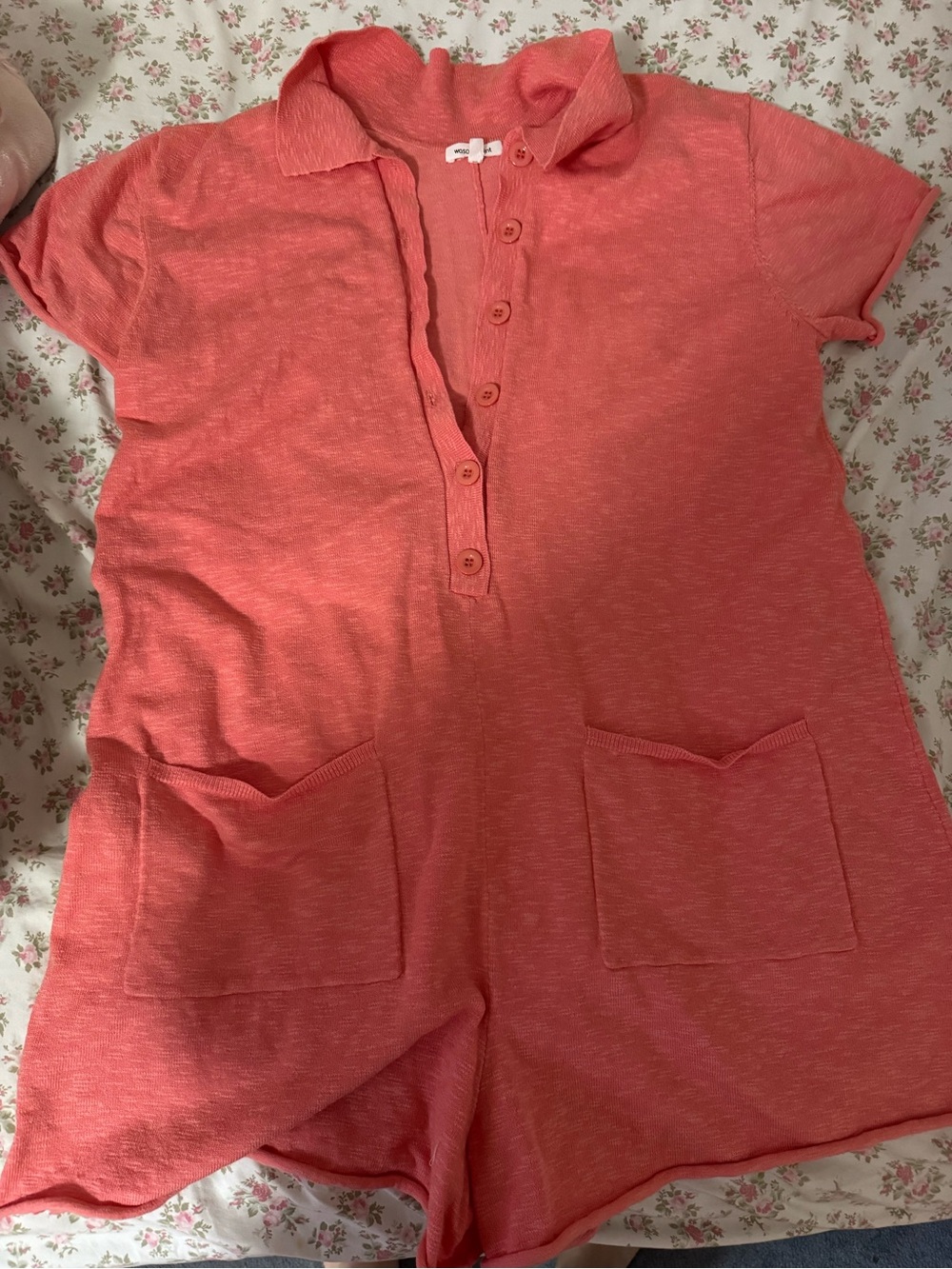 Women's Coral Short-Sleeve Romper with Front Pockets